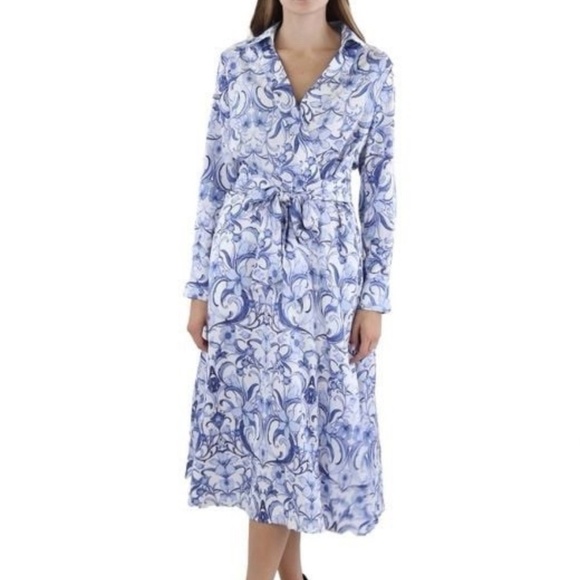 NWT Tahari Petite Hammered Satin Shirt Dress Faux Wrap Styling Long Sleeve Midi - Picture 16 of 16